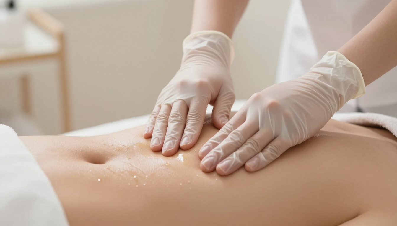 Manos enguantadas realizando un masaje en la espalda desnuda de una persona en un entorno de spa.