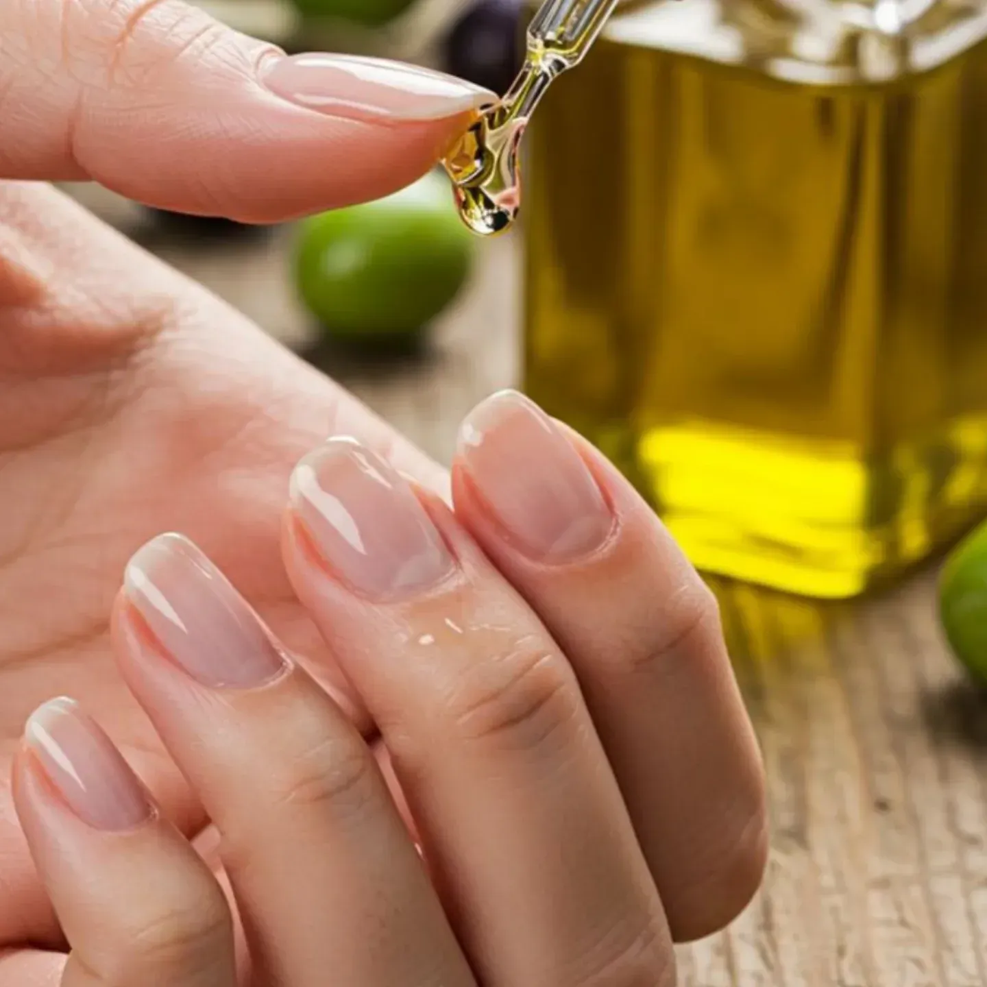 Una mano bien cuidada se aplica aceite en las uñas junto a una botella de aceite amarillo y una lima verde.