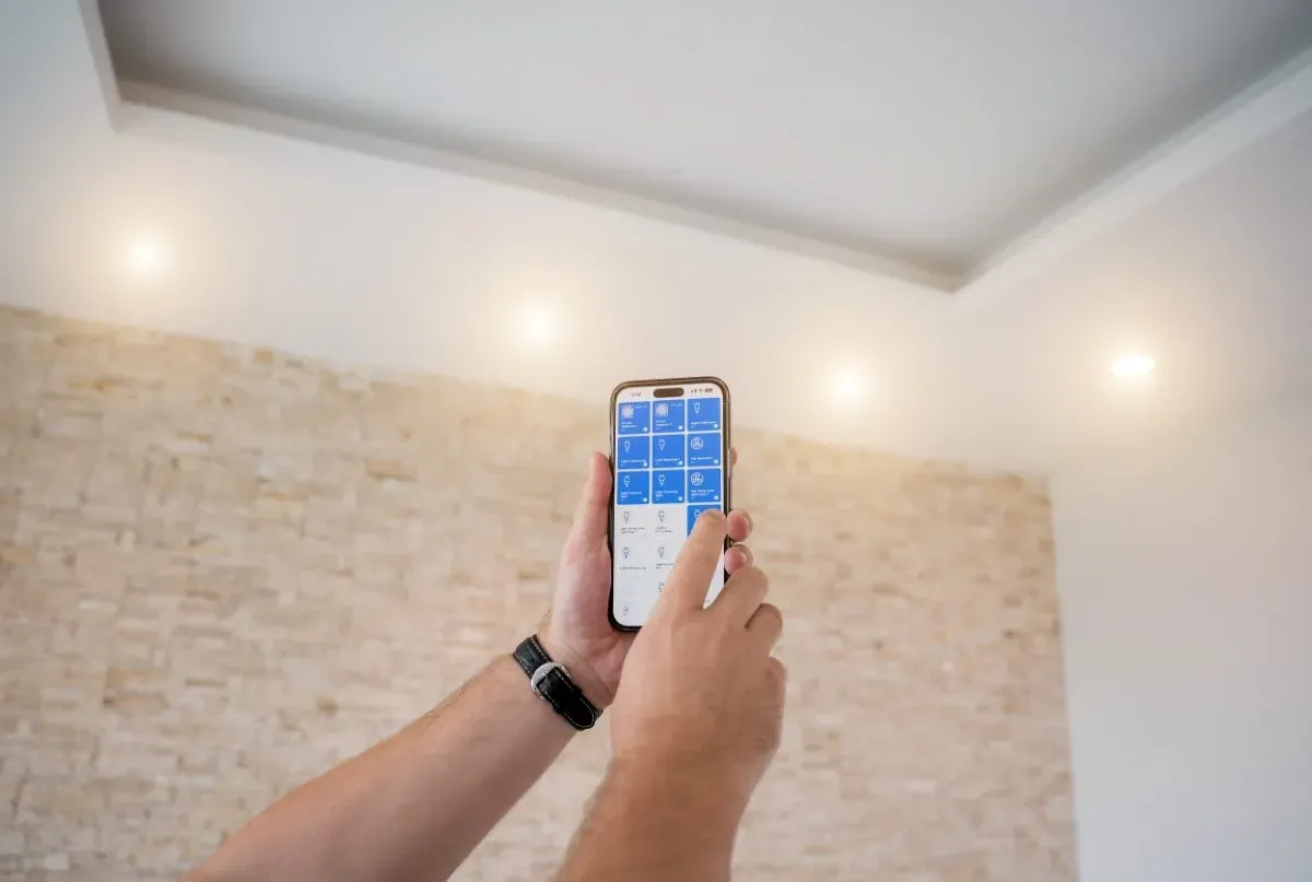 Una persona usa un smartphone para controlar las luces del techo. La pantalla muestra una interfaz de control con botones.