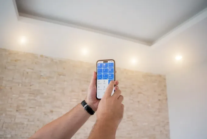 Una persona usa un smartphone para controlar las luces del techo. La pantalla muestra una interfaz de control con botones.