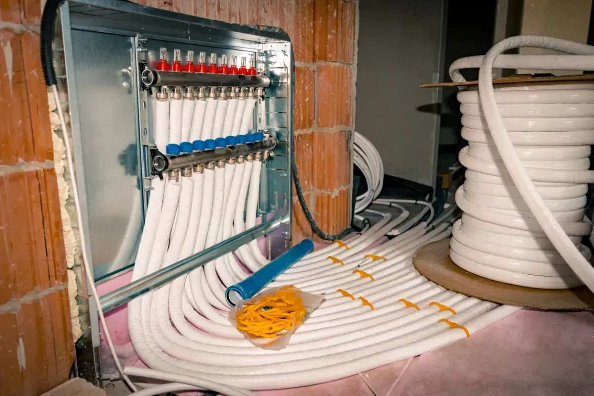 Instalación de sistema de calefacción por suelo radiante hidrónico con tuberías conectadas a colectores.