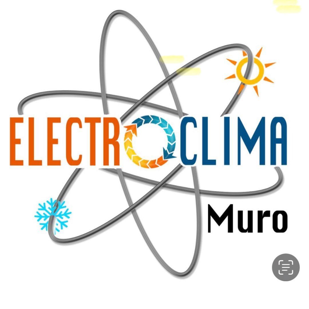Logotipo: texto "ELECTROCLIMA", gr&aacute;fico con forma de &aacute;tomo, copo de nieve, icono del sol y texto "Muro".