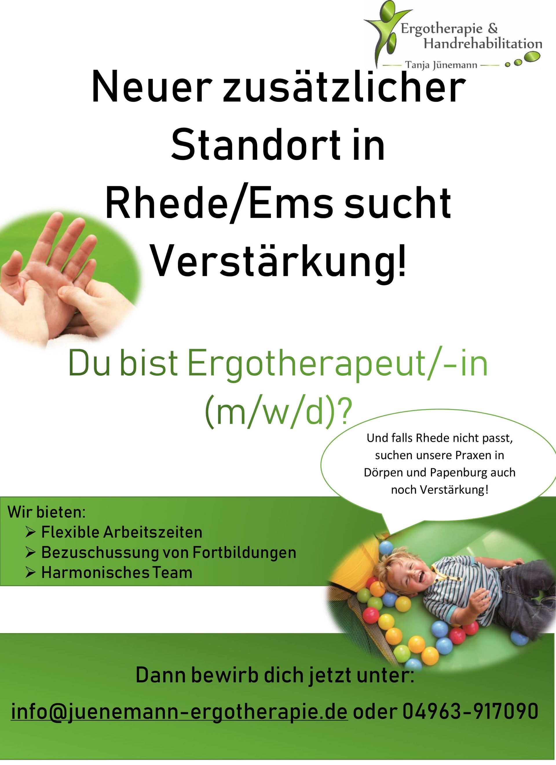 Stellenausschreibung für einen Ergotherapeuten in Rhede/Ems, mit grünem Design und Obst- und Gemüsekorb.
