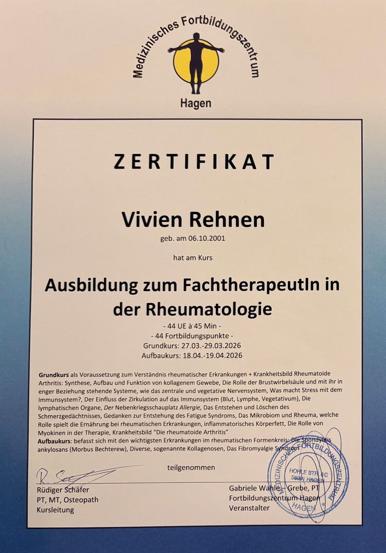 Deutsches Zertifikat für Vivien Rehnen in der Facharztausbildung Rheumatologie, mit Stempel und Logo