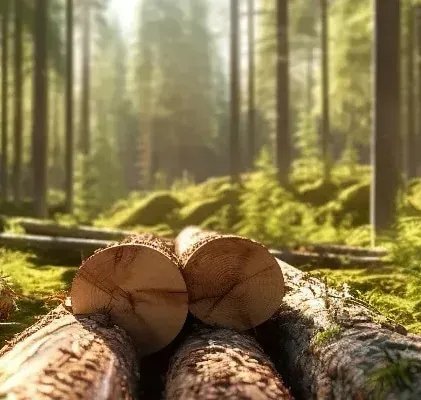 Ein Stapel Baumstämme mitten in einem Wald.