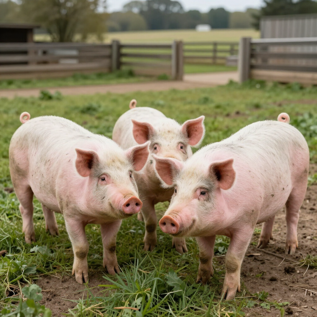 Tres cerditos rosados ​​de pie en un campo de hierba cerca de una valla de madera.