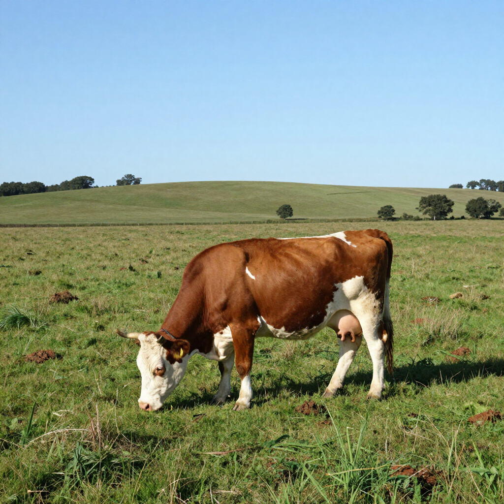 Una vaca marrón y blanca pastando en un campo de hierba bajo un cielo azul claro.