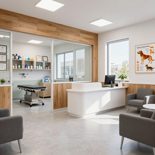 Recepción de clínica veterinaria moderna con sala de exploración, escritorio blanco, sillas grises y póster de anatomía canina.