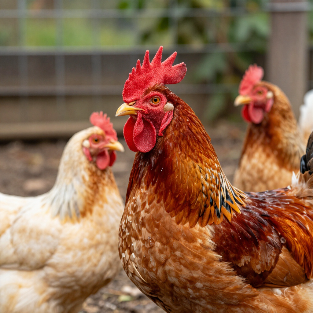 Un gallo y dos gallinas en un gallinero, con un gallo rojo en primer plano.