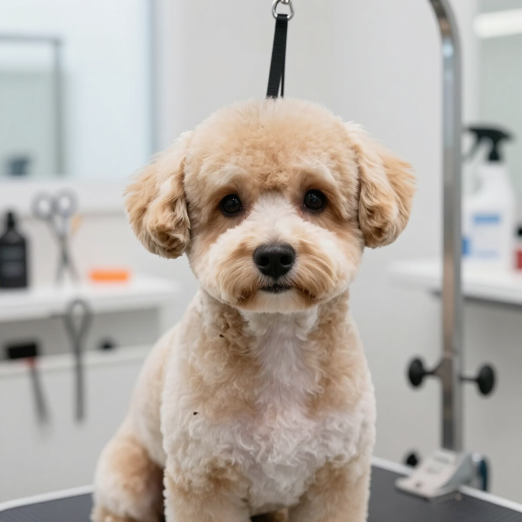 Perro pequeño de color crema sobre una mesa de peluquería en una clínica veterinaria, mirando a la cámara.