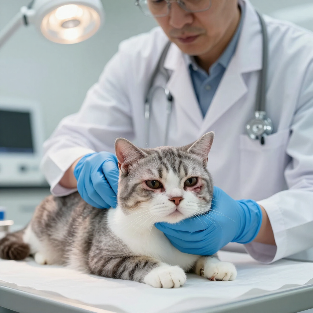 Veterinario con guantes azules examinando a un gato gris y blanco en una mesa de la clínica.