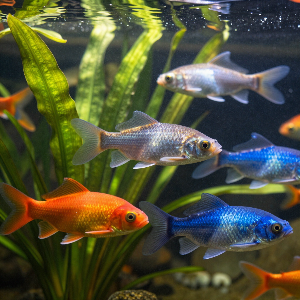 Peces de colores nadando en un acuario con plantas verdes y fondo oscuro.