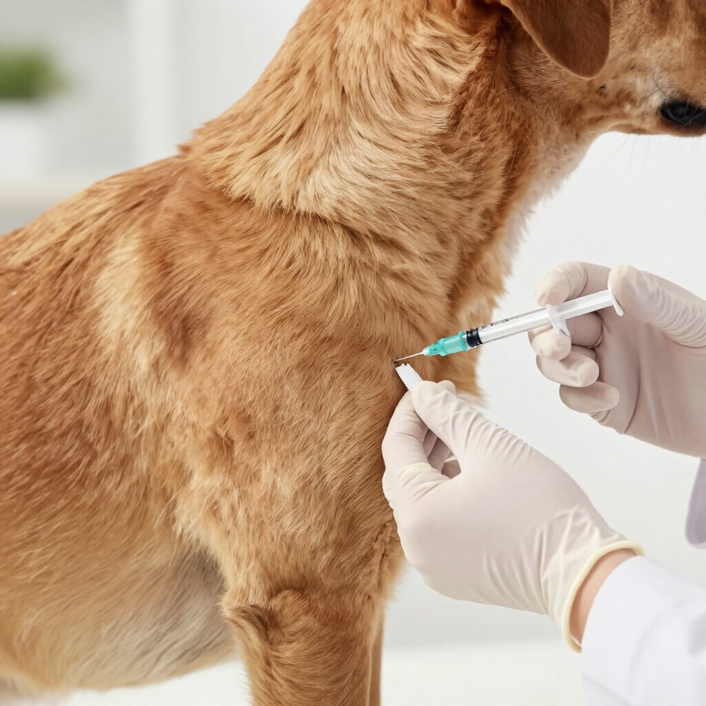 Manos enguantadas administrando una inyección con jeringa a un perro marrón en una clínica veterinaria.