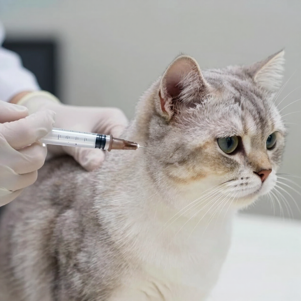 Una mano enguantada le administra una inyección con jeringa a un gato en una clínica veterinaria.