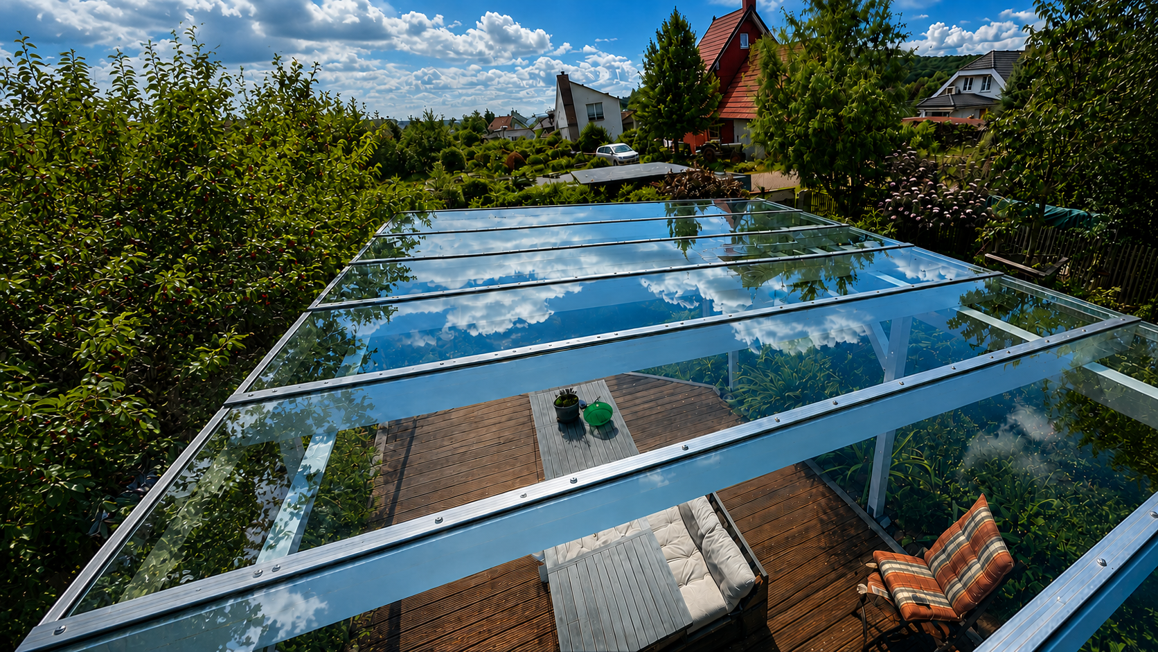 Glasdachfenster über einem grünen Garten, in dessen Oberfläche sich blauer Himmel und Wolken spiegeln