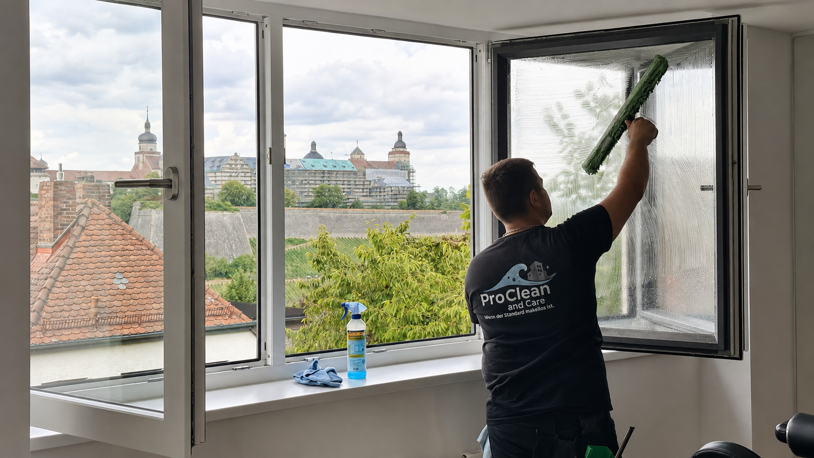 Eine Person putzt ein offenes Fenster in einem Zimmer mit Blick auf die Dächer der Stadt.