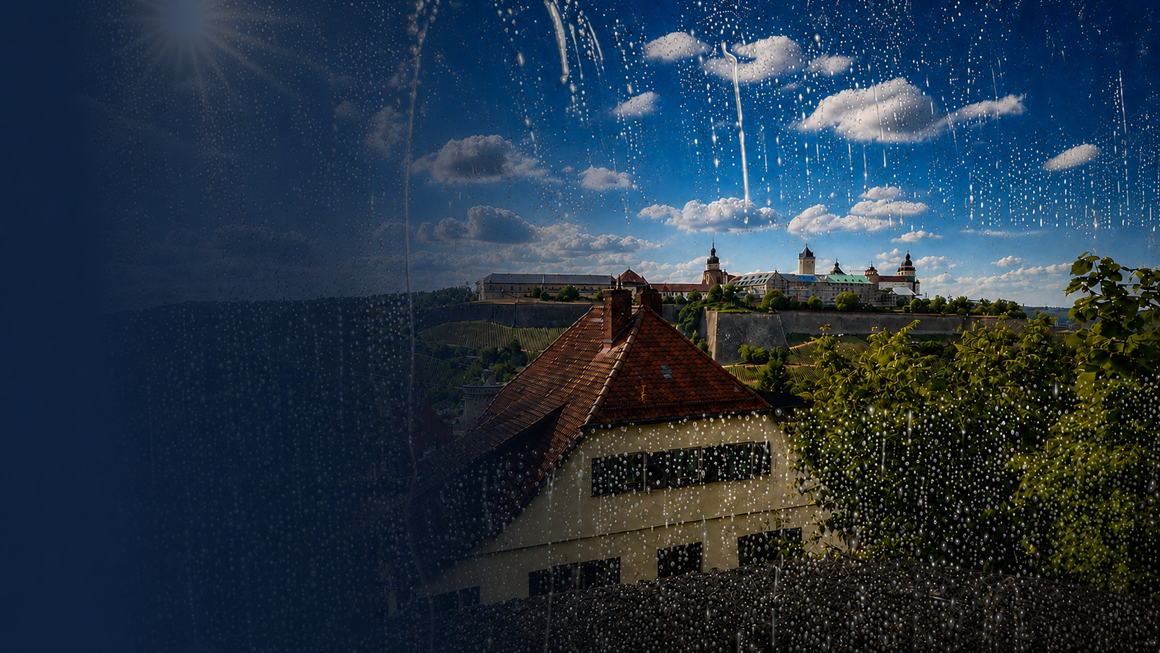Regenbedeckter Blick auf ein Küstendorf mit rotgedeckten Häusern, blauem Meer und bewölktem Himmel