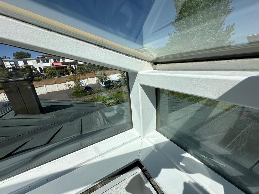 Blick durch ein weißgerahmtes Fenster auf eine Vorstadtstraße und geparkte Autos an einem sonnigen Tag