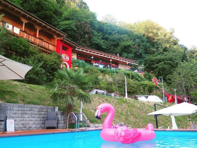 Un fenicottero rosa galleggia in una piscina.