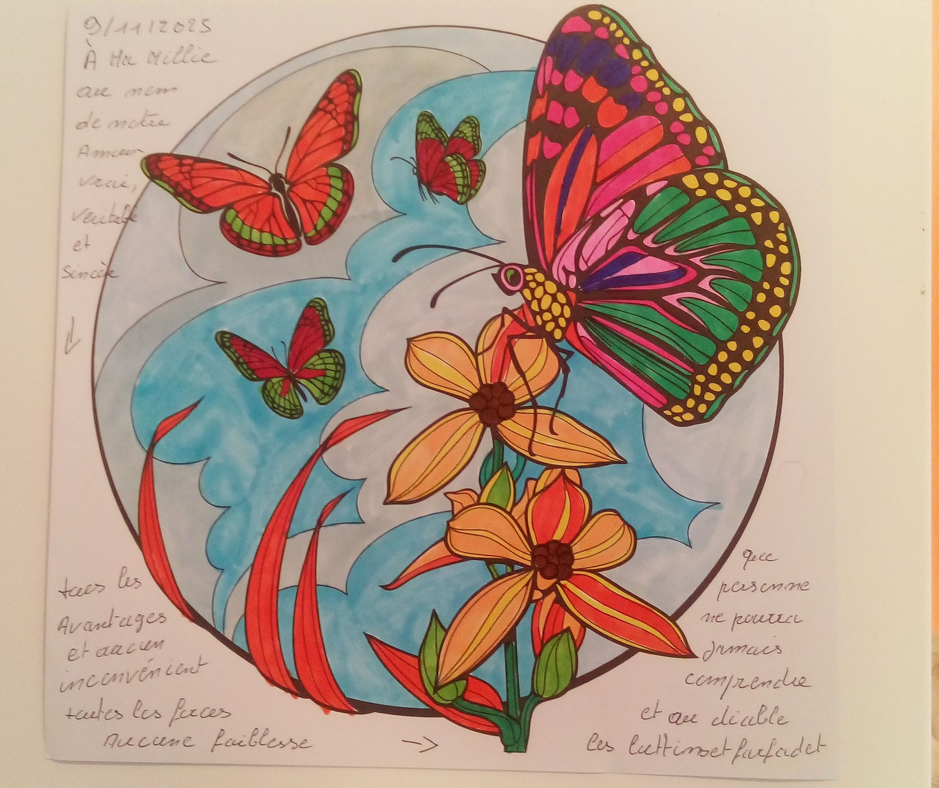 Un dessin de papillons, de fleurs sur des écritures