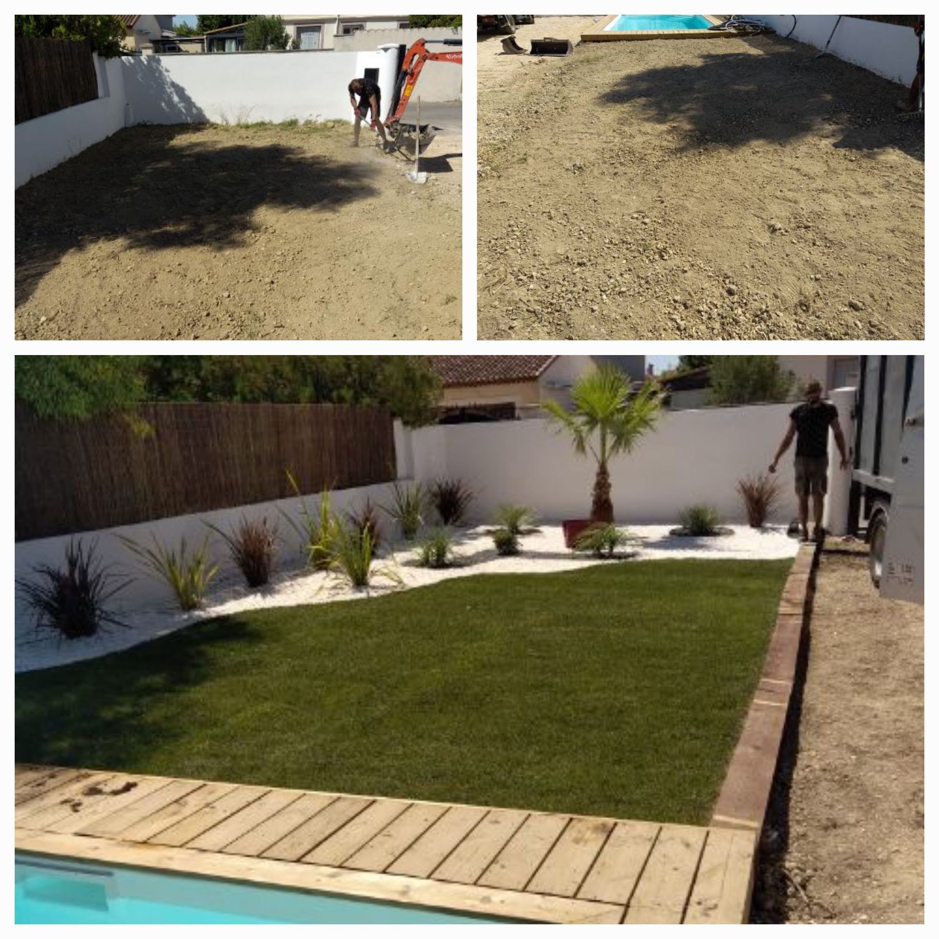 Un collage de photos montrant une pelouse avant et après son installation