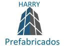 Logotipo de Harry Prefabricados. Presenta un gr&aacute;fico de un edificio azul y gris sobre el texto "Harry Prefabricados".