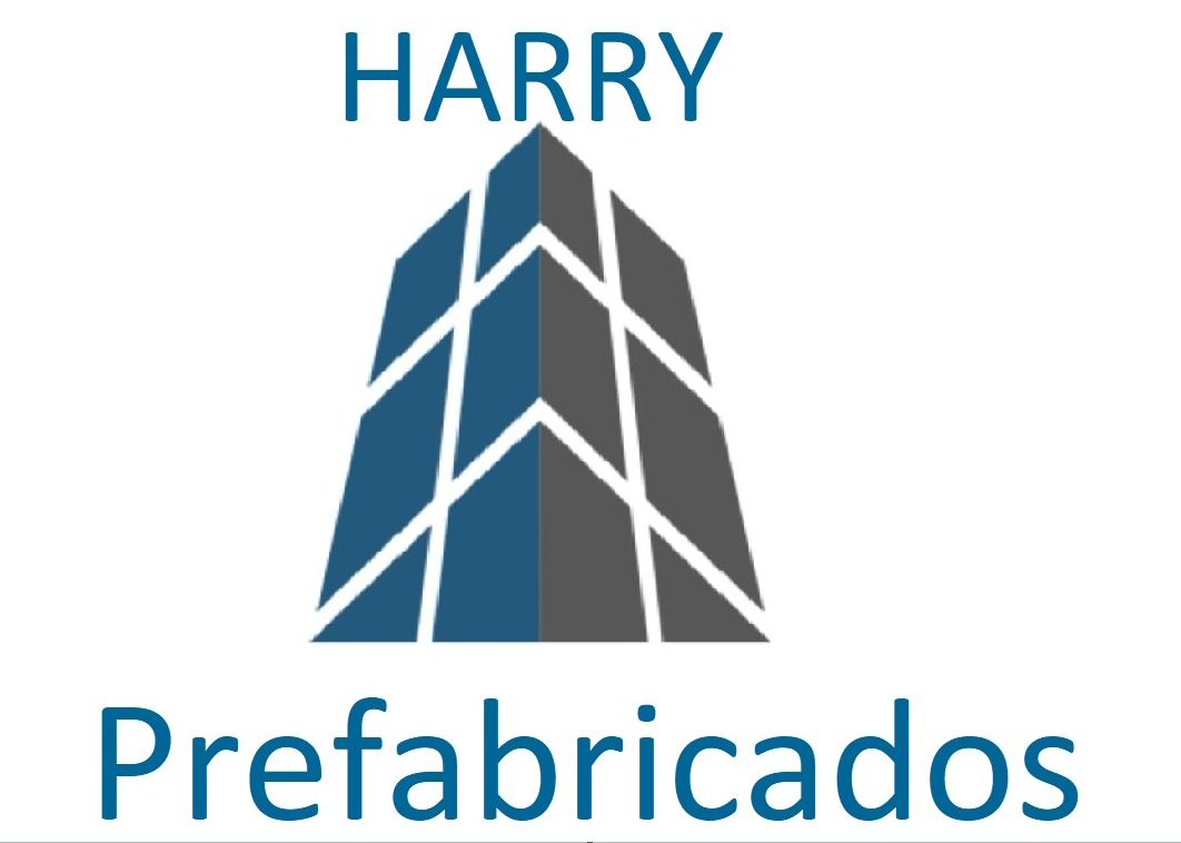 Logotipo de Harry Prefabricados. Presenta un gráfico de un edificio azul y gris sobre el texto "Harry Prefabricados".