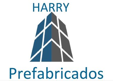 Logotipo de Harry Prefabricados. Presenta un gr&aacute;fico de un edificio azul y gris sobre el texto "Harry Prefabricados".