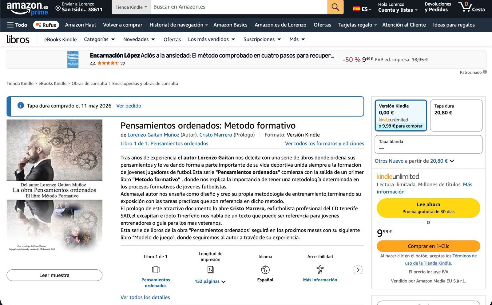 LIBRO.AMAZON.VENTA.PENSAMIENTOS ORDENADOS.METODO FORMATICO.LORENZO GAITAN MUÑOZ