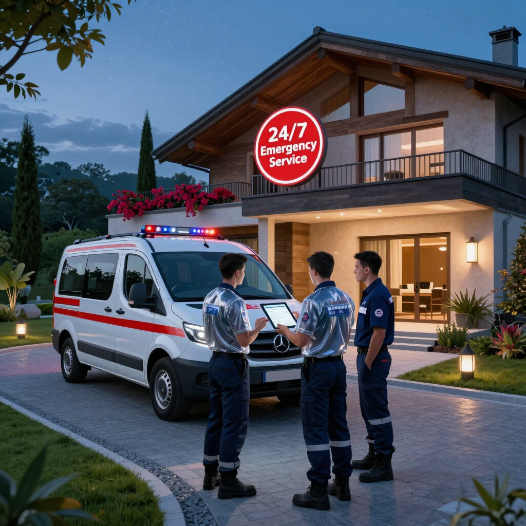 Paramédicos frente a una casa con un letrero de ambulancia y servicio de emergencia 24/7 al anochecer.