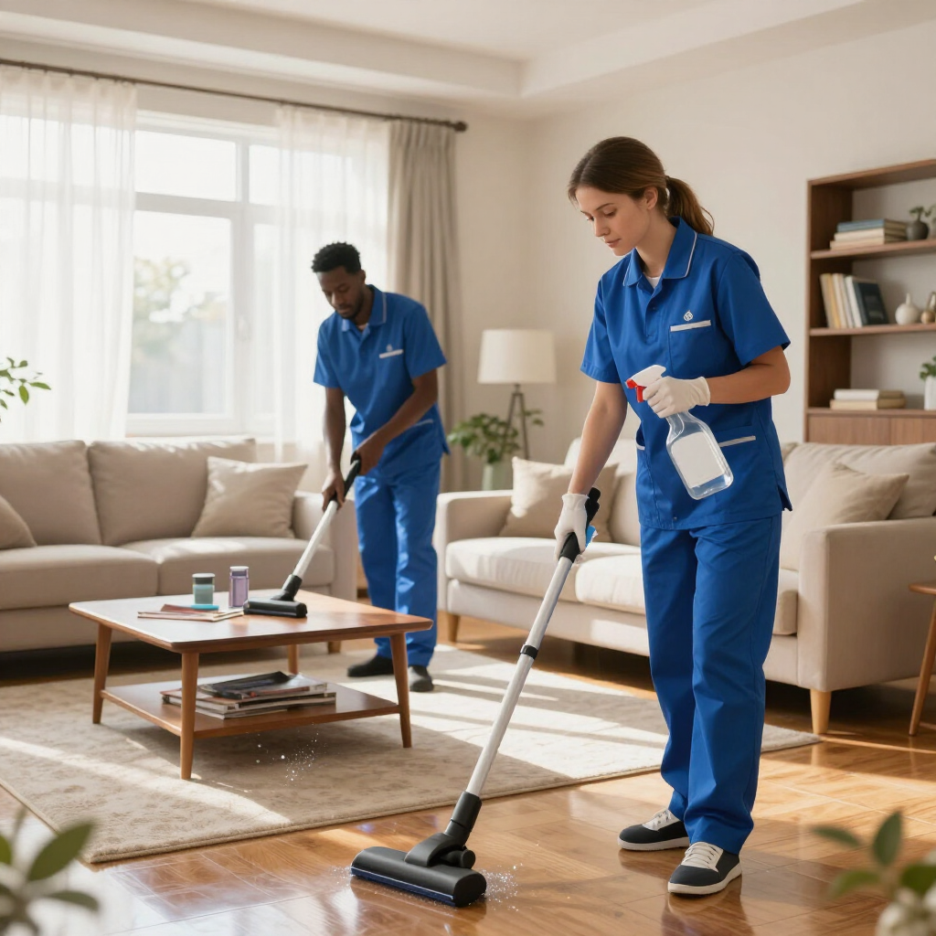 Dos limpiadoras con uniformes azules aspiran una luminosa sala de estar con muebles de color beige.