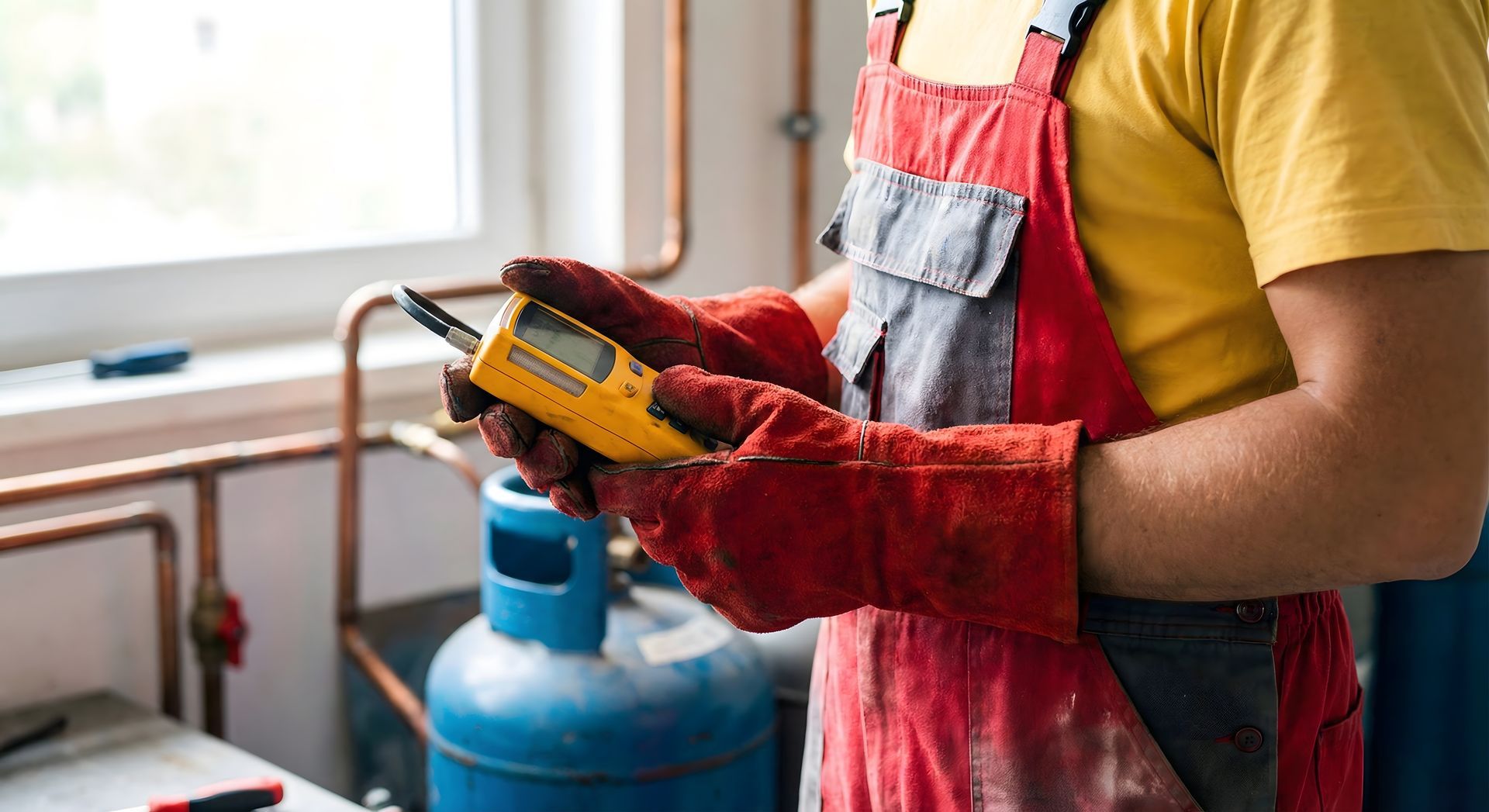 Un ouvrier portant des gants rouges et une salopette utilise un outil portatif près d'une bonbonne de gaz bleue dans un atelier.
