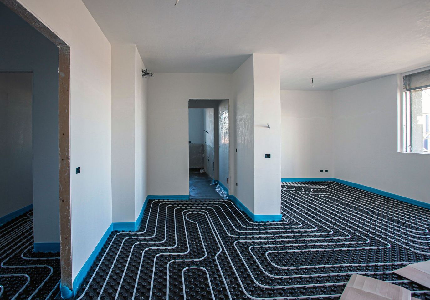 Intérieur d'un appartement vide avec des murs aux moulures bleues et une moquette noire à motifs installée au sol
