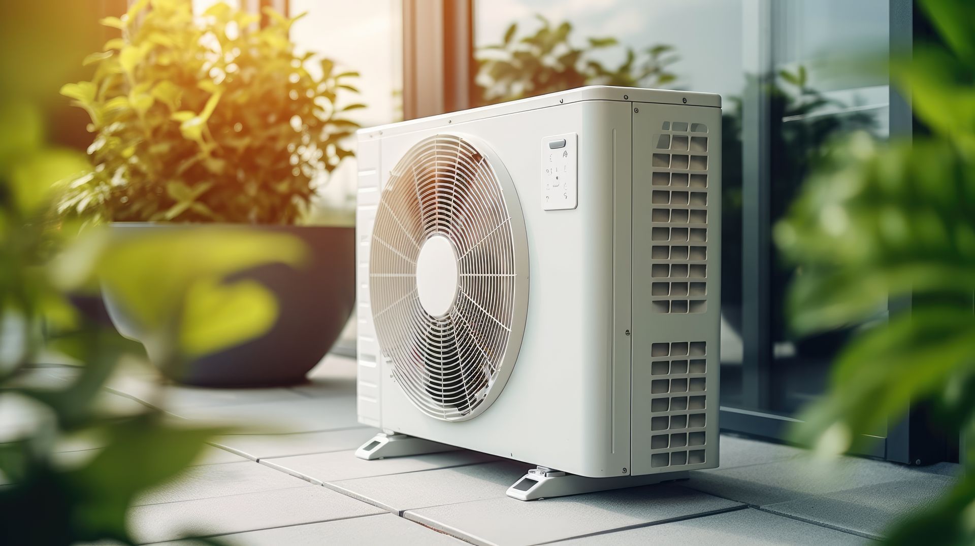 Unité de climatisation extérieure sur une terrasse, avec du soleil et des plantes vertes au premier plan.