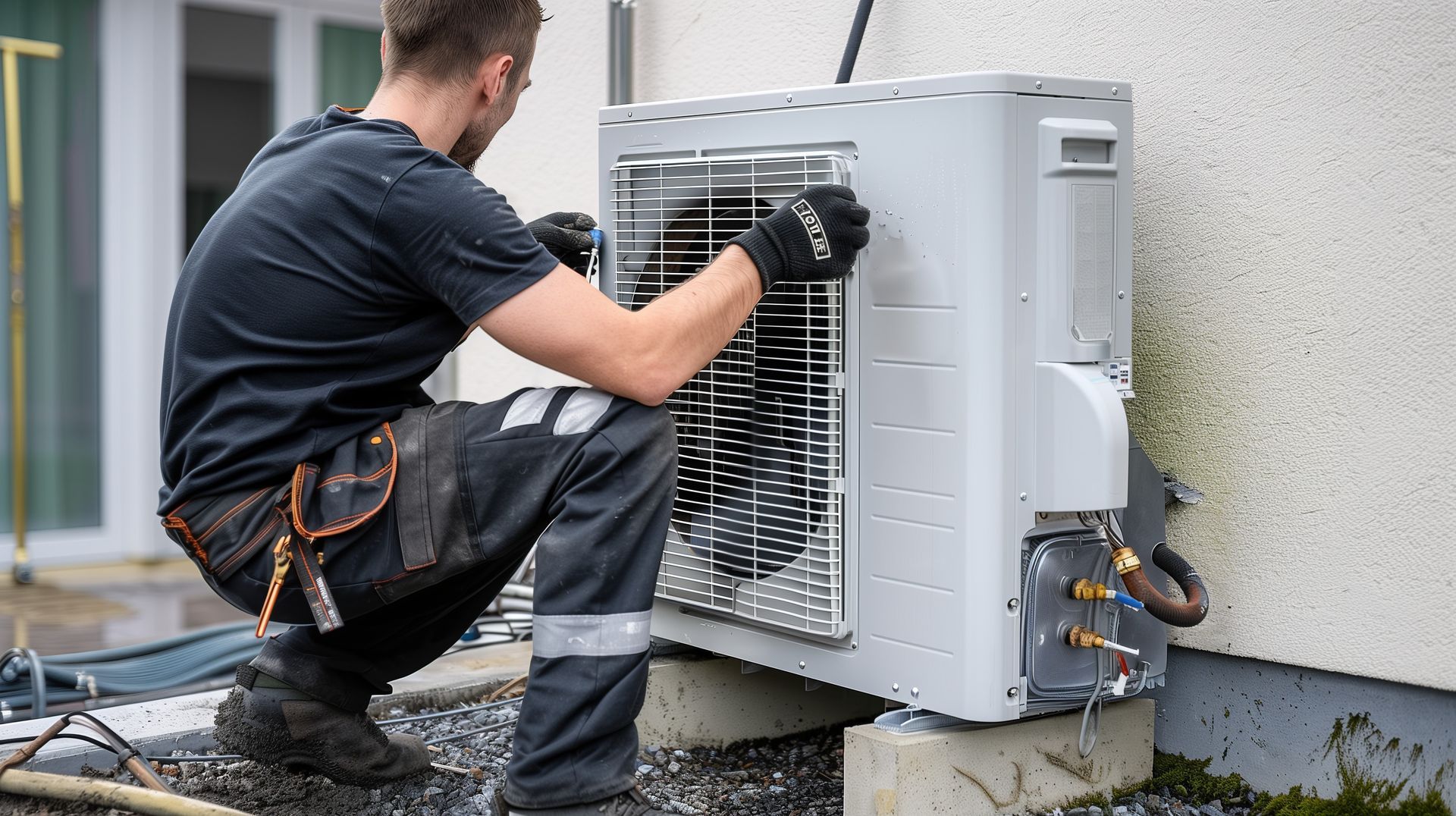 Un technicien effectue la maintenance d'un climatiseur extérieur adossé à un mur de maison.