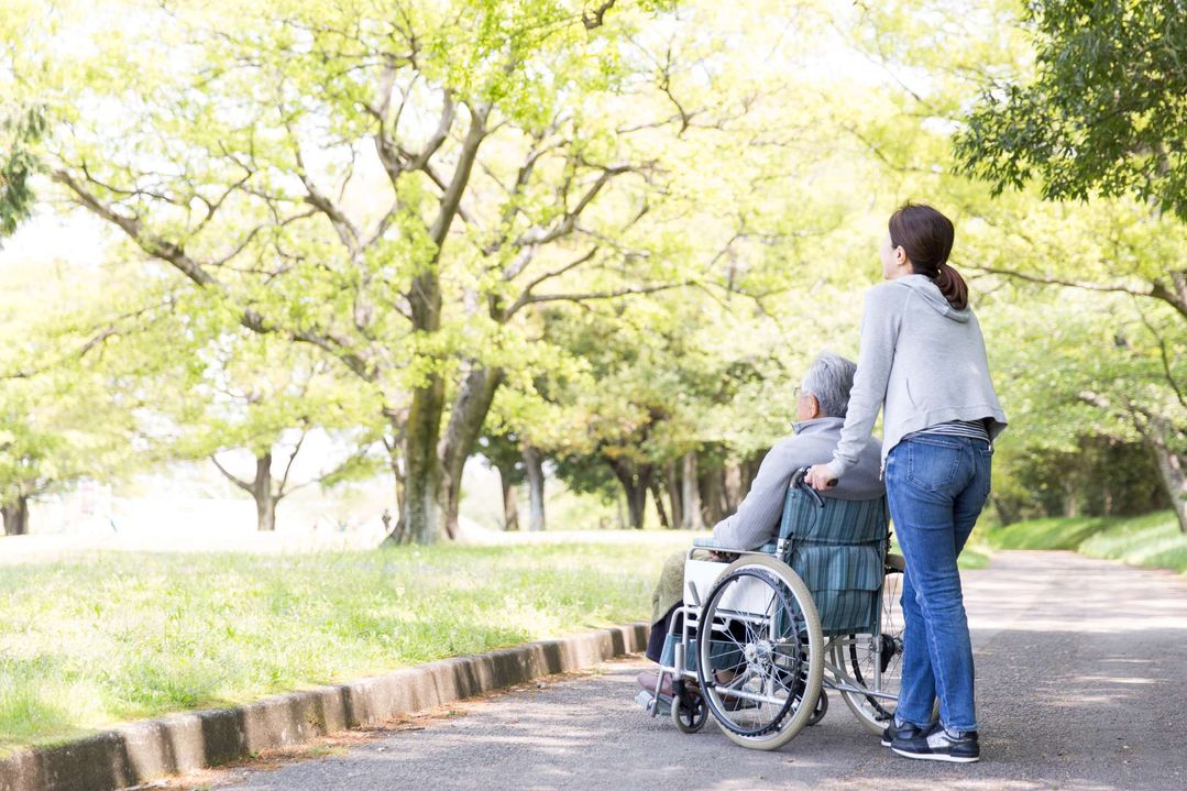 Pflegekraft mit Pflegepatient im Rollstuhl genießen die Natur