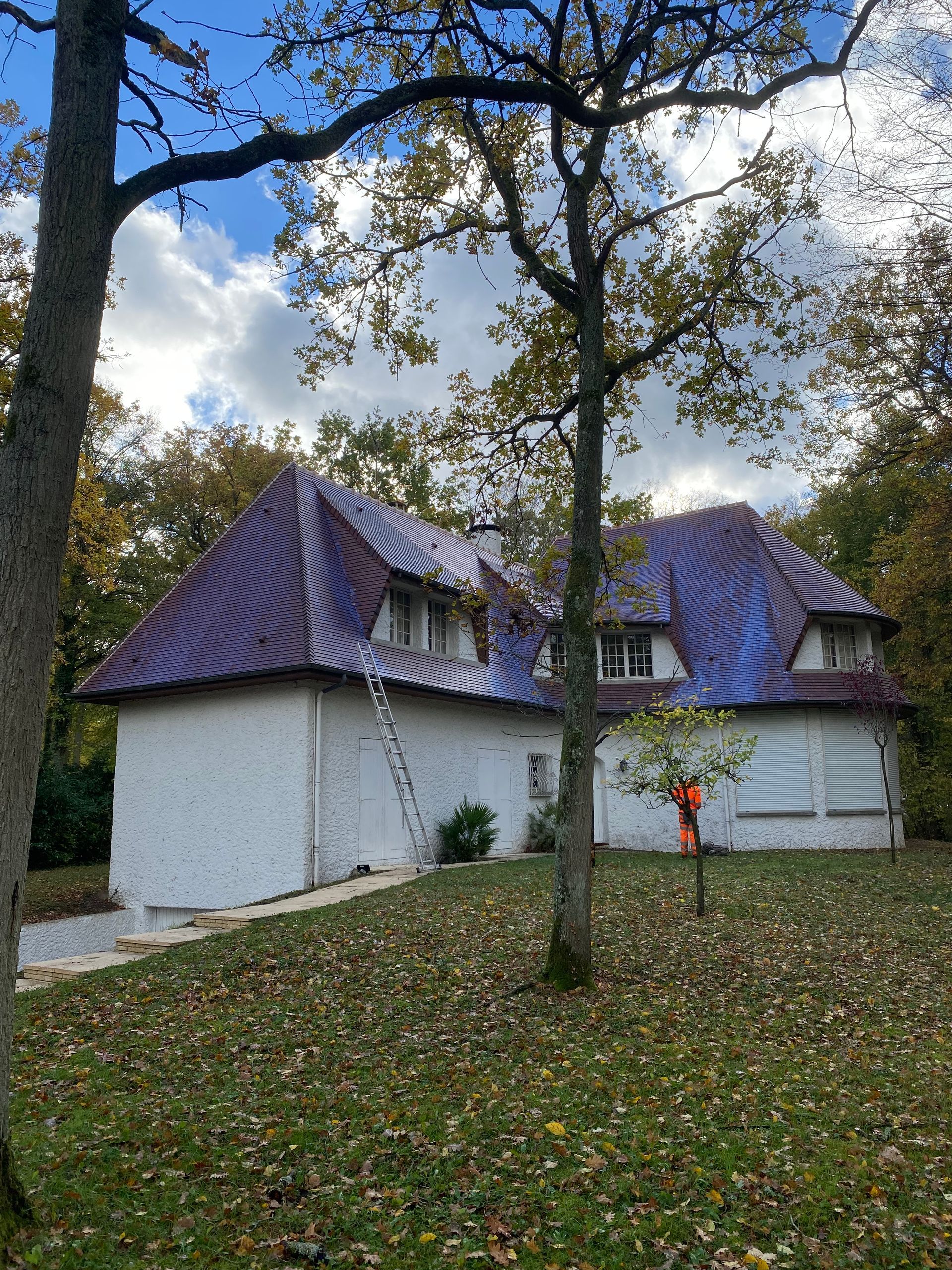 Maison avec un toit bleu