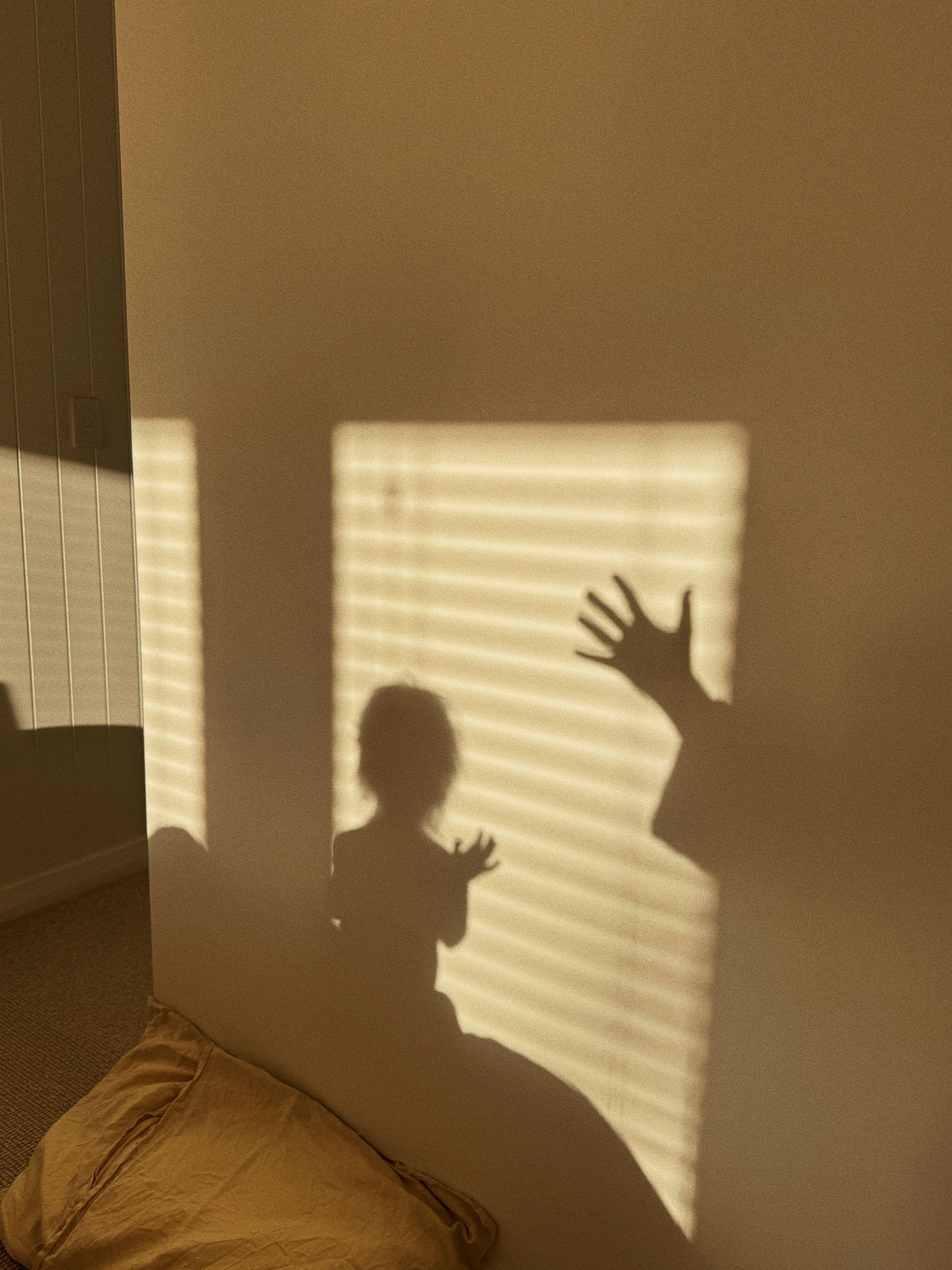 Sombra de un niño y una mano jugando en una pared iluminada por la luz del sol a través de unas persianas.