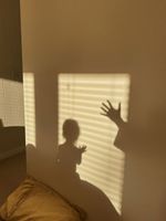 Sombra de un niño y una mano jugando en una pared iluminada por la luz del sol a través de unas persianas.