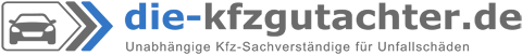 Logo für die-kfzgutachter.de mit einem Auto-Symbol und blauen Pfeilakzenten