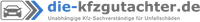 Logo für die-kfzgutachter.de mit einem Auto-Symbol und blauen Pfeilakzenten