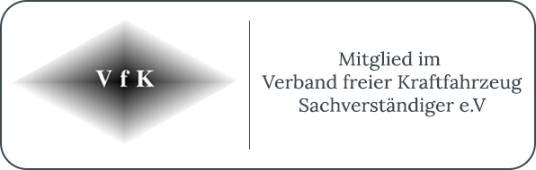 White logo with “VfK” and German text “Mitglied im Verband freier Kraftfahrzeug Sachverständiger e.V.”