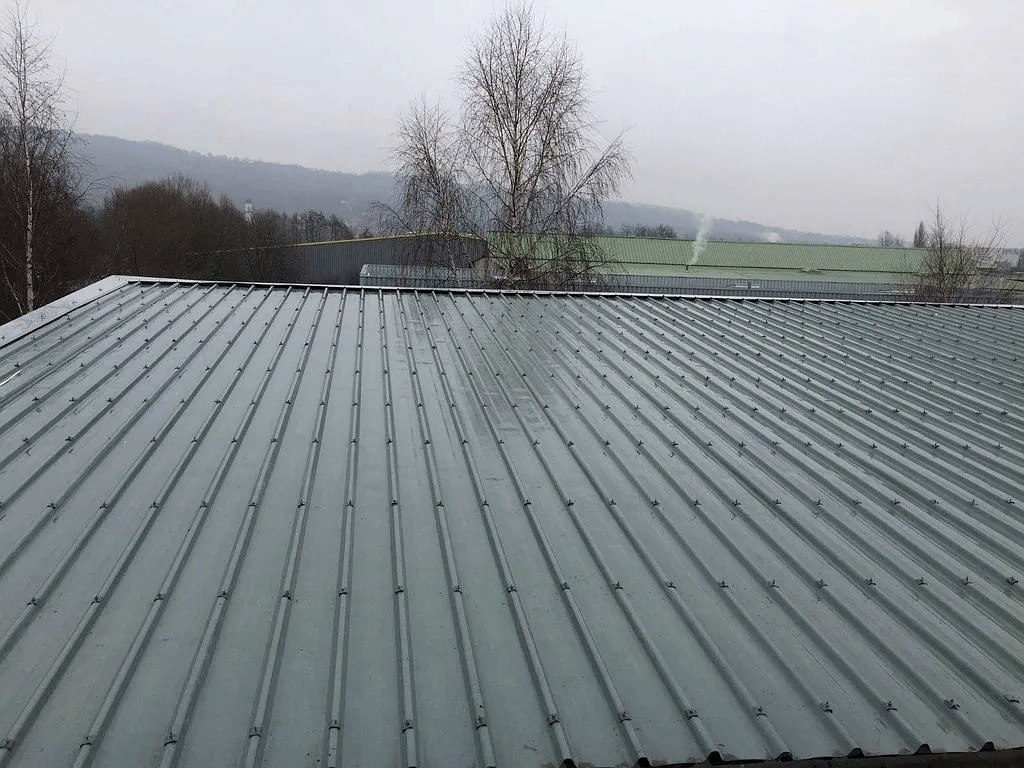Toit en tôle ruisselant d'eau, devant des arbres et un champ par temps nuageux.