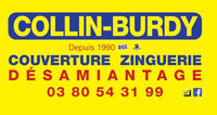 Vers la page d'accueil Logo de Collin-Burdy: toiture, zinguerie, désamiantage. Jaune et bleu avec un numéro de téléphone.