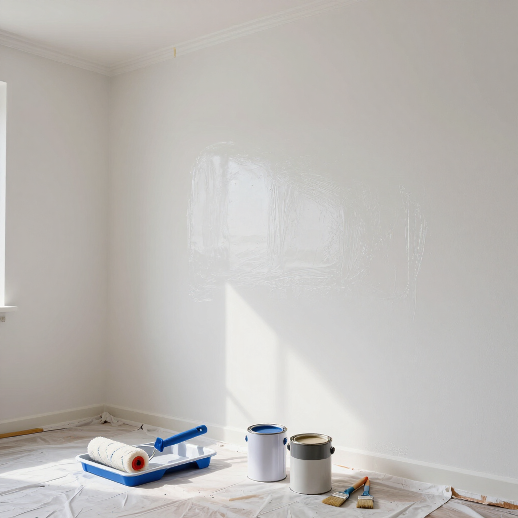 Se está pintando una pared blanca de una habitación, con bandejas de pintura, rodillos y latas en el suelo.