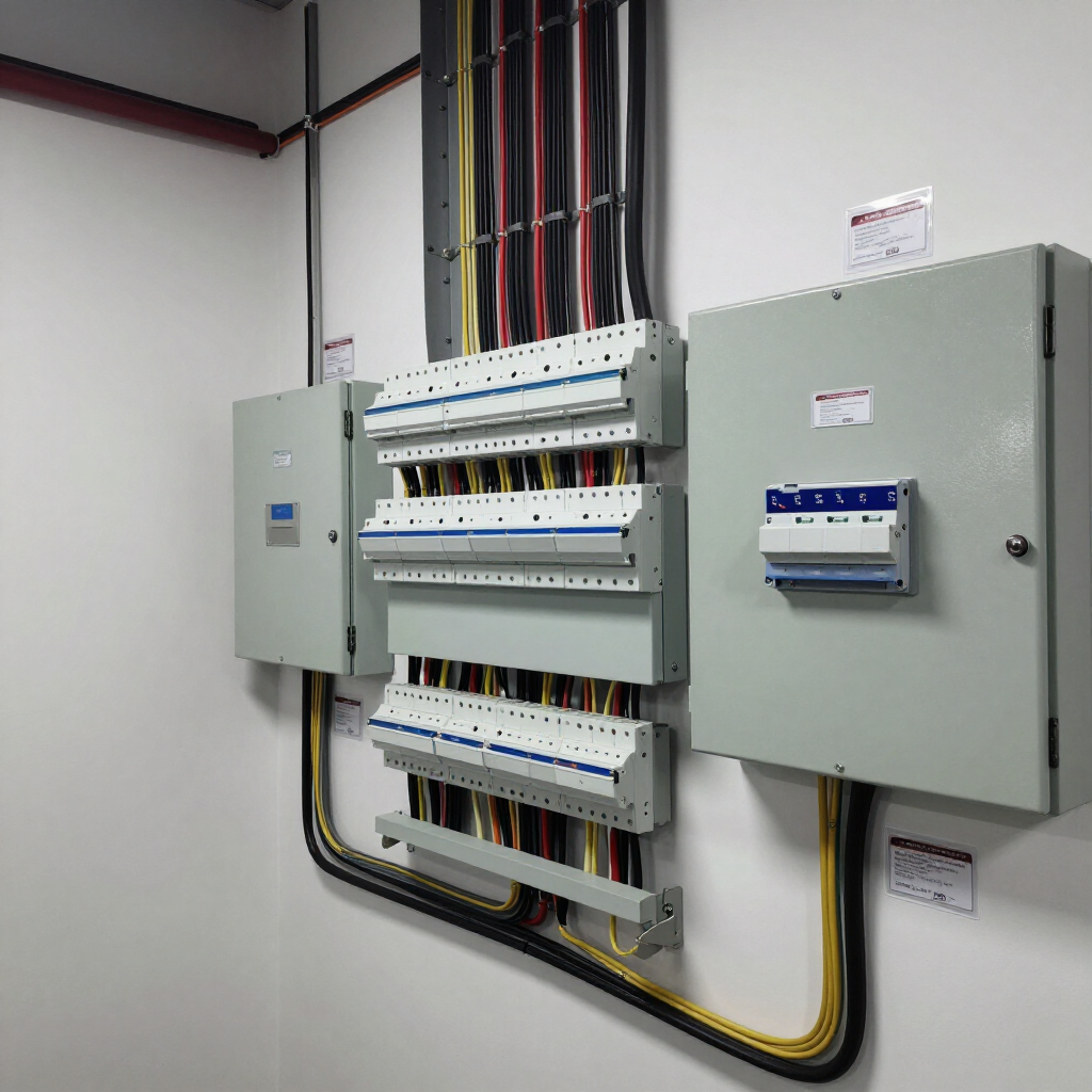 Paneles de control eléctrico con cableado de colores expuesto montados en una pared blanca dentro de un cuarto de servicio.