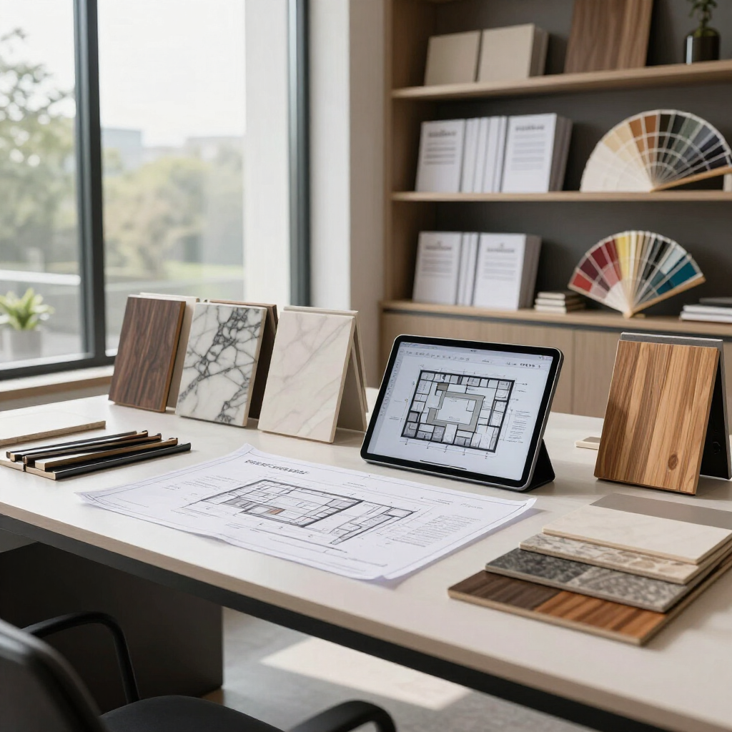 Espacio de trabajo de diseño de interiores con paneles de muestra, planos de planta, tabletas y muestras de materiales..