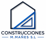 Logo de Construcciones M. Ma&ntilde;es S.L. con un techo hexagonal gris y azul