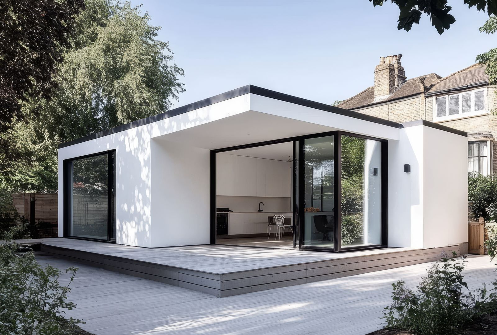 Extension moderne blanche d'une maison avec de grandes portes vitrées et une terrasse donnant sur un jardin arboré