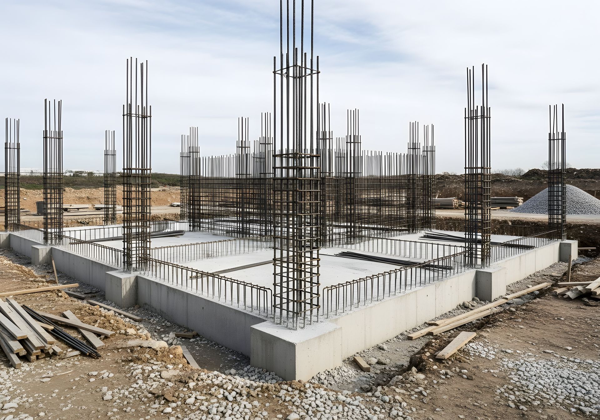 Fondation d'un bâtiment en béton avec armatures en acier